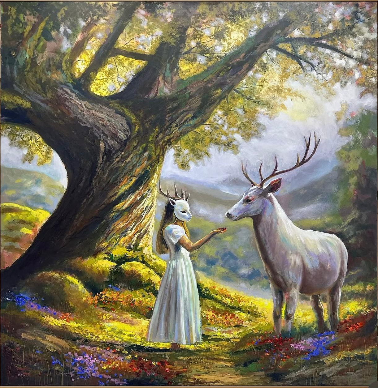 Surreal forest painting by Dagoga with a masked girl and white deer